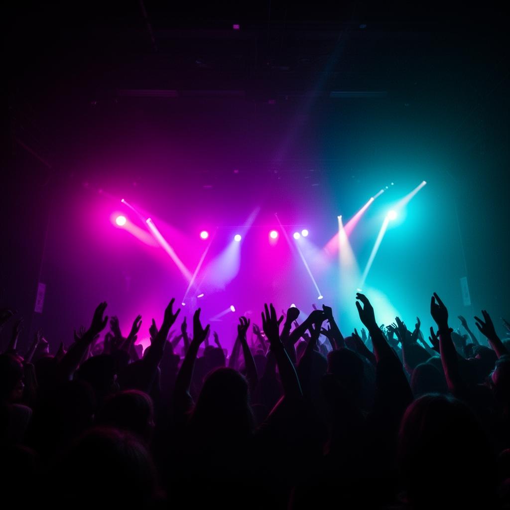 Concert crowd with neon stage lights